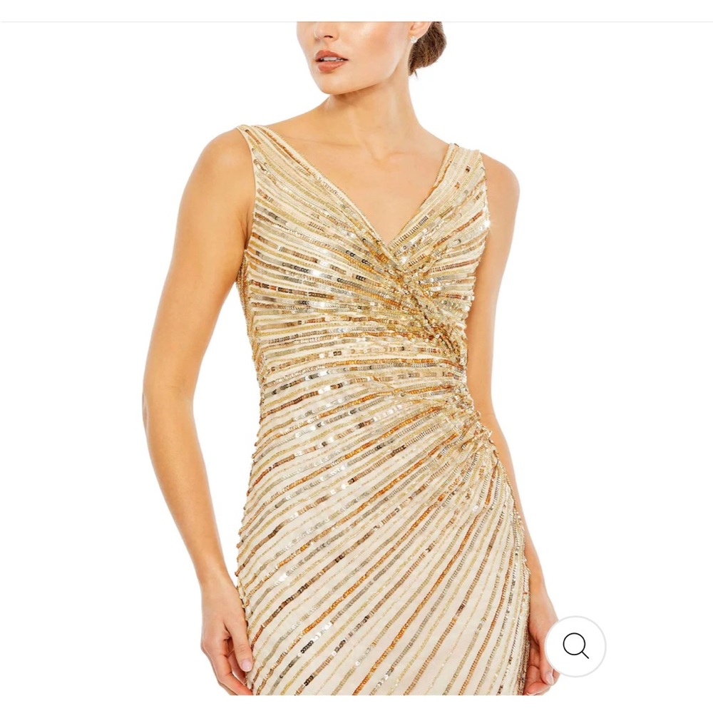 MAC DUGGAL SZ 10 SEQUENCED FAUX WRAP MIDI DRESS. YELLOW/GOLD/NUDE NWT - Picture 3 of 6